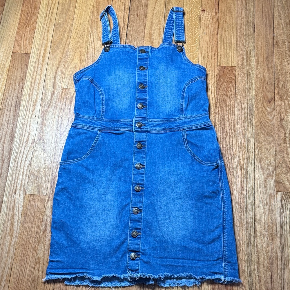 Wax Jean Dress Women's Blue Denim Overall Dress with Button Details L